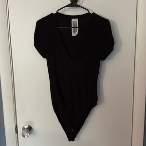 Free People Deep V Neck Short Sleeve Bodysuit Black Snap Closure
